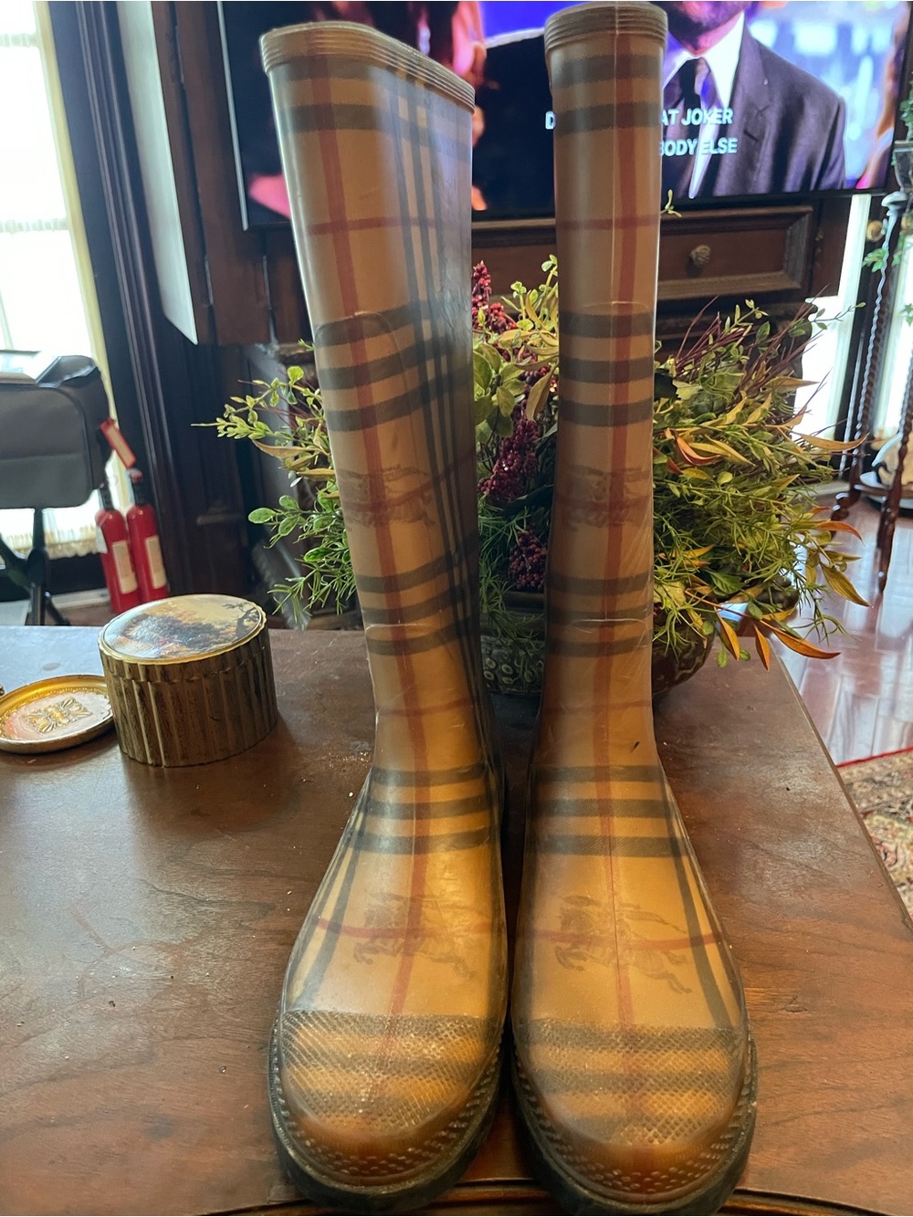 Burberry Tan Plaid Knee-High Rain Boots